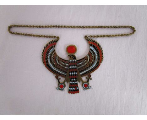 Large bird shaped pendant with red, gold &amp; blue enamel on copper chain