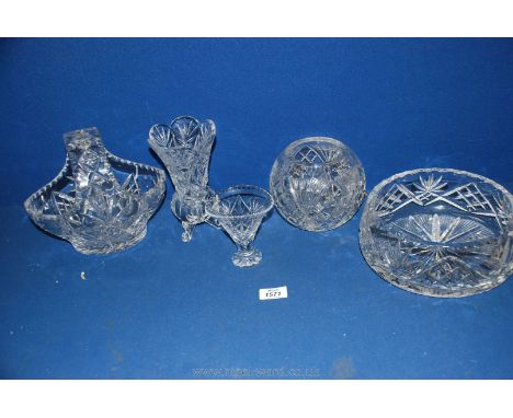 A glass basket, fruit bowl, pretty heavy round vase and two small vases.