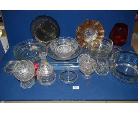 A quantity of glass including large red glass brandy balloon, bowl, hors d'oeuvre dish, jugs,honey pot with gold bee finial e