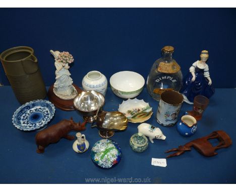 A quantity of china and other items including Ewenny Royal Wedding mug, souvenir pig and ewer, glass paperweight, plated bowl