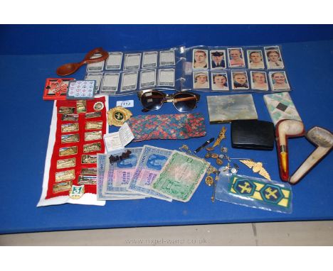 Miscellaneous items to include Kurt Geiger sunglasses in Liberty cover, Russian railway badges, pipe, card case etc.