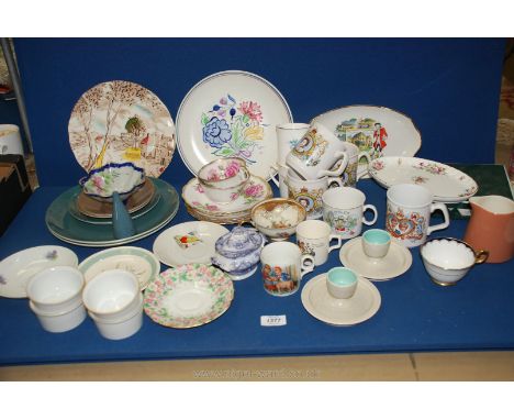 A quantity of china including Poole pottery plates, Royal Worcester ramekins, Royal Standard cups and saucers, commemorative 
