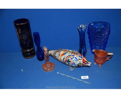 A quantity of glass including blue vases, carnival glass jug, swizzle stick, fish etc.