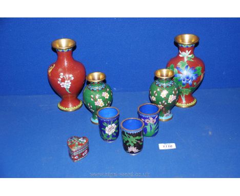 Two pairs of mirrored cloisonne Vases, three water pots and heart shaped trinket box.