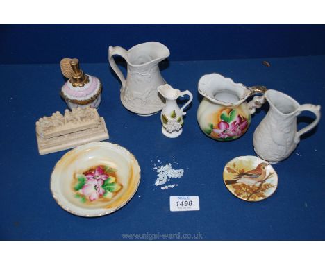 Two Portmeirion jugs, perfume bottle, Last Supper ornament, trinket dish etc