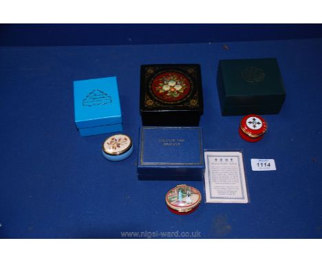A Halcyon Days enamel Box, limited edition with certificate no. 43/500 together with two others and a Russian box.