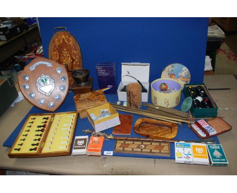 A quantity of games including boxed set of carpet bowls, Solitaire, cribbage playing cards and puzzle plus coffee grinder etc