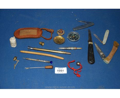 A small box of miscellaneous including penknives, compass, pencils, caddy spoon etc.