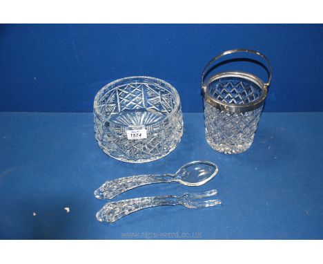 A cut glass salad Bowl and pair of salad servers, and cut glass Ice Bucket with plated rim