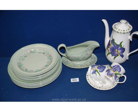 A Crownford Queens china Blue Iris coffee pot and two cups and saucers together with a Spode Flemish 'Green Scroll' pattern p