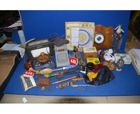 A box of miscellaneous including a Roberts radio, barometer, siphon, plane, Treen, novelty lighter a/f, specimen mineral (Bar