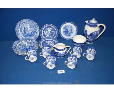 A quantity of blue and white china items including coffee cans and saucers, sugar bowl, milk jug, Olde Willow, Adderley, Cope