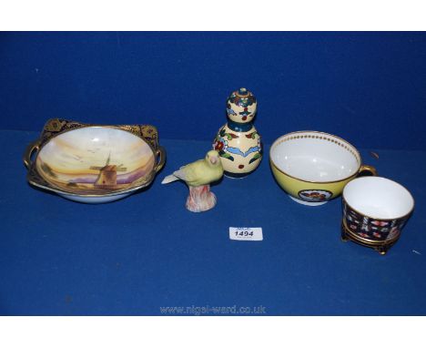 A Royal Crown Derby Imari pattern footed bowl, bird figure, Gouda type mini vase and bowl in Noritake style.