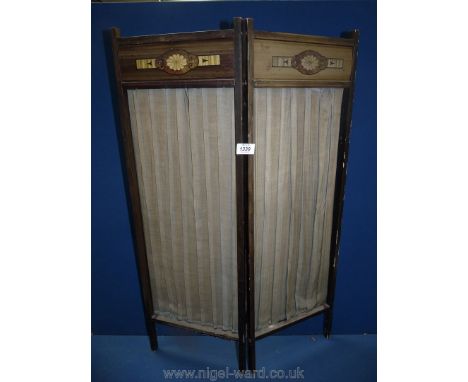 A two fold Firescreen with transfer decoration and pleated fabric panel, 32'' x 22''