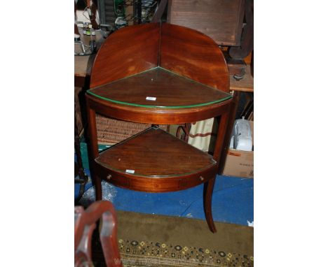 A Georgian design dark Mahogany corner Washstand, the lower shelf with central drawer and with darkwood stringing, complete w