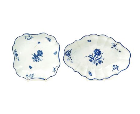Two Worcester fluted dessert dishes  c.1775, one square and printed with the Carnation and Fruit Sprigs pattern, the other of