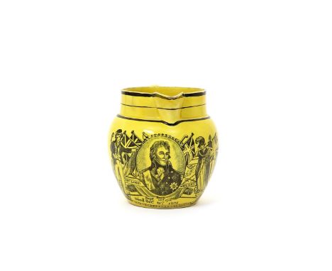 A rare yellow-glazed pearlware commemorative jug  1st half 19th century, printed in black with a portrait of Nelson flanked b