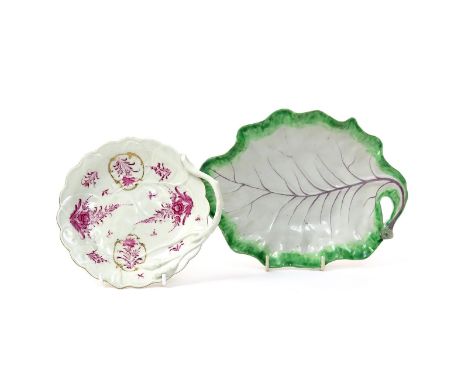 A Worcester cabbage leaf dish and a Blind Earl dish  c.1760, the leaf dish edged in green with the veining picked out in puce