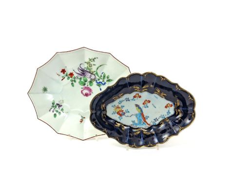 Two Worcester dessert dishes  c.1770, one painted with the Joshua Reynolds pattern of a long-tailed bird in Kakiemon colours,