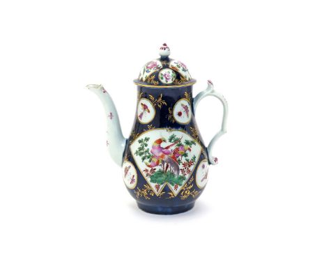 A good Worcester coffee pot and cover  c.1765-70, painted with large fan-shaped panels containing bright exotic birds, reserv