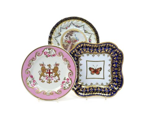 Three Worcester plates  late 18th/early 19th century, one painted by George Davis with a peacock and other exotic birds withi