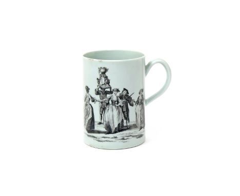 A Worcester cylindrical mug  c.1765, printed in black with May Day to one side, two ladies dancing to the music of a peg-legg