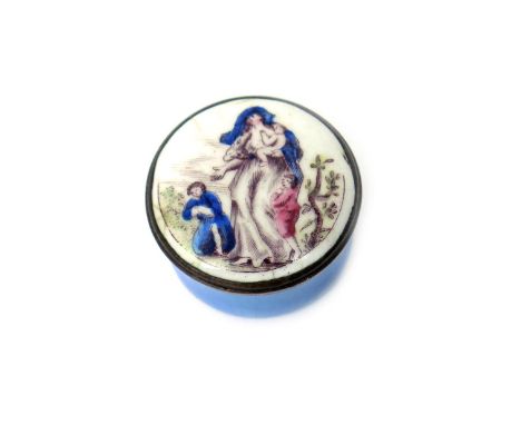 An English enamel small patch or pill box  late 18th century, the circular form with screw cover decorated with Charity holdi
