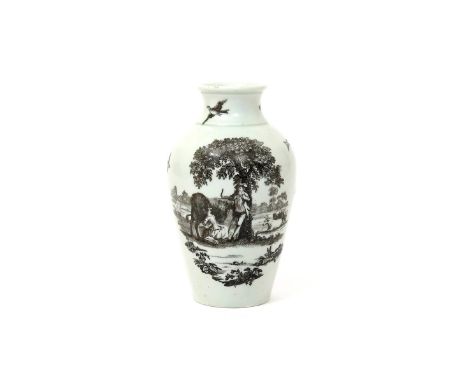 A Worcester baluster vase  c.1770, printed in black with Rural Lovers to one side, the reverse with Milking Scene No. 1, with