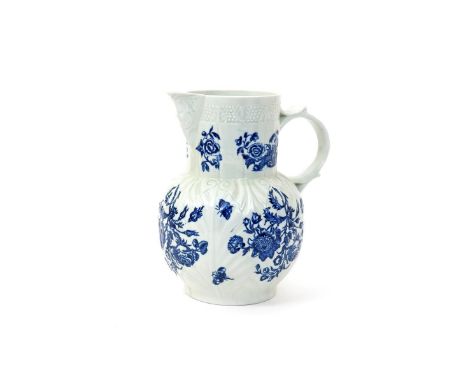 A large Worcester blue and white cabbage leaf jug  c.1770, printed with the Natural Sprays pattern of moths in flight around 