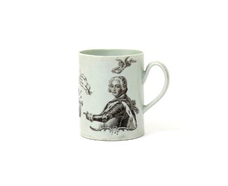 A Worcester small cylindrical mug dated 1757, printed in black with a head and shoulders portrait of the King of Prussia, and