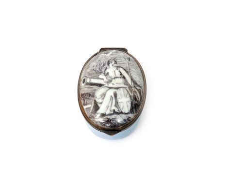 An English enamel patch box  late 18th century, printed in black with Britannia seated before a cannon, holding a trident in 