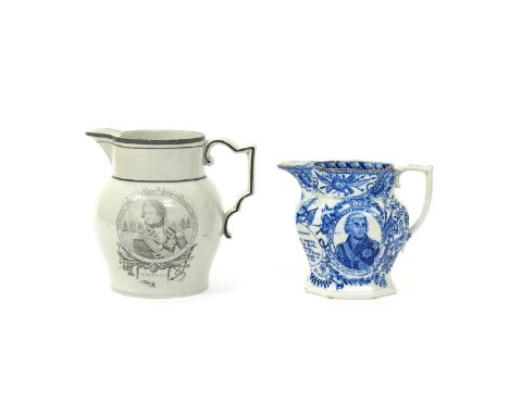 Two pearlware commemorative jugs  1st half 19th century, one printed in black with with a portrait of Admiral Nelson, the rev
