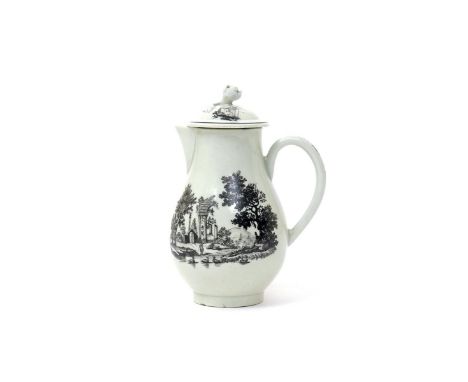 A Worcester small jug and cover  c.1765, printed in black with scenes of Classical ruins, one side with a figure and ducks on