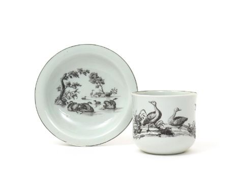 A rare Worcester finger bowl and stand  c.1758, printed in black with the River Scene print, with mallard ducks to the bowl, 