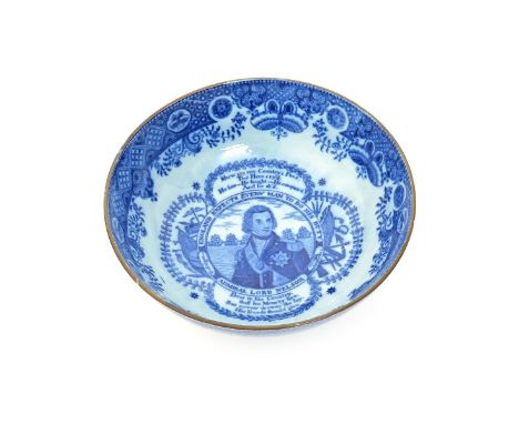 A blue and white commemorative transferware bowl  1st half 19th century, printed to the well with a portrait of Lord Nelson s