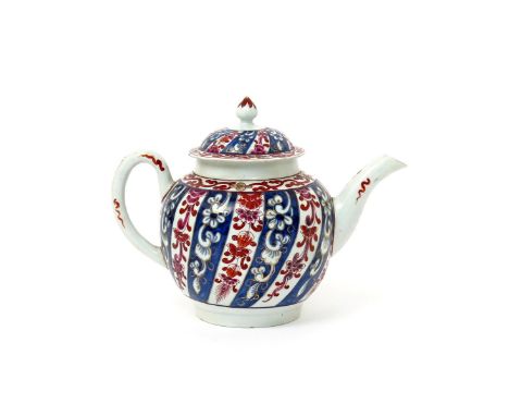 A Worcester teapot and cover  c.1765-70, brightly enamelled with the Queen Charlotte pattern of spiralling Oriental flower sp