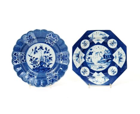 Two Worcester blue and white plates  c.1765-68, one octagonal and painted with the Fan-Panelled Landscape pattern of Oriental