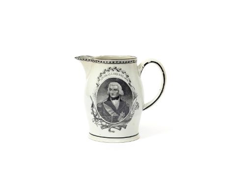 A creamware commemorative jug  1st half 19th century, printed in black with a portrait of Admiral Lord Nelson in an oval pane