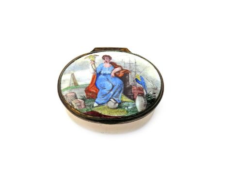 An English enamel patch box of naval interest  c.1798, printed and hand-coloured with Britannia seated on the shore before a 