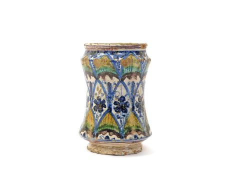 A Montelupo maiolica albarello  1st half 16th century, the waisted form painted in blue, yellow, green and manganese with a c