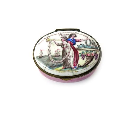 A South Staffordshire enamel 'Treaty of Amiens' patch box  c.1802, decorated with the figures of  Fame and Plenty standing ba