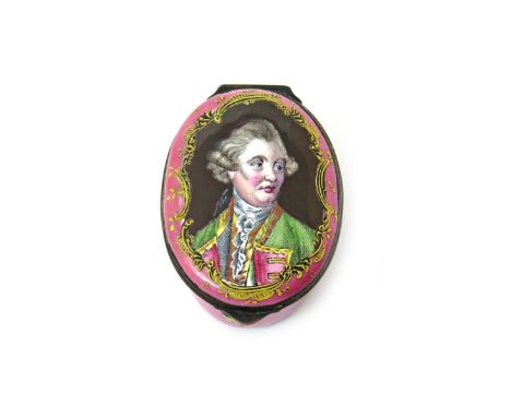 A good South Staffordshire enamel snuff box of naval interest  c.1780, the oval form painted with a portrait of Admiral Keppe