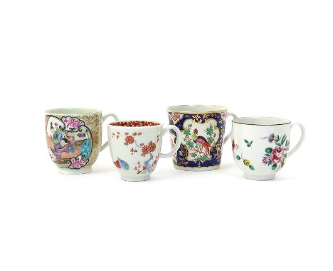 Four English porcelain coffee cups  2nd half 18th century, one Bristol and painted with polychrome sprays of European flowers