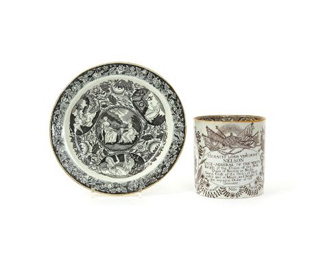 A pearlware commemorative porter mug  1st half 19th century, printed in brown with a portrait of Nelson, a depiction of HMS V