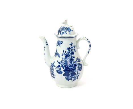 A Worcester blue and white coffee pot and cover  c.1770-75, printed with the Three Flowers pattern, a butterfly in flight abo