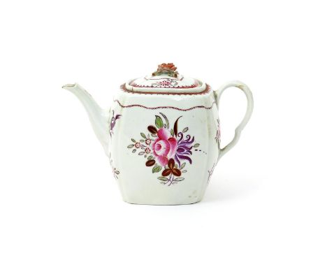 A rare Worcester teapot and cover   c.1780, of unusual square section with a fluted spout, painted in polychrome enamels with