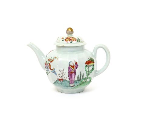 A large Worcester teapot and cover  c.1760, of Warmstry fluted form, painted in polychrome enamels with The Beckoning Chinama