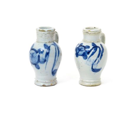 Two London delftware tavern measures  late 18th century, of ovoid form with incised necks and small strap handles, the bodies