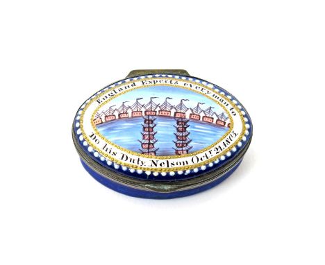 A rare South Staffordshire enamel 'Nelson' patch box  c.1805, the oval form painted with a panel of ships depicting the battl