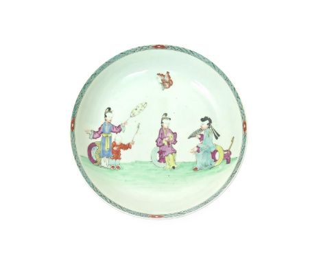 A Worcester deep saucer dish  c.1758-60, painted in polychrome enamels with the Chinese Musicians pattern, a central figure p